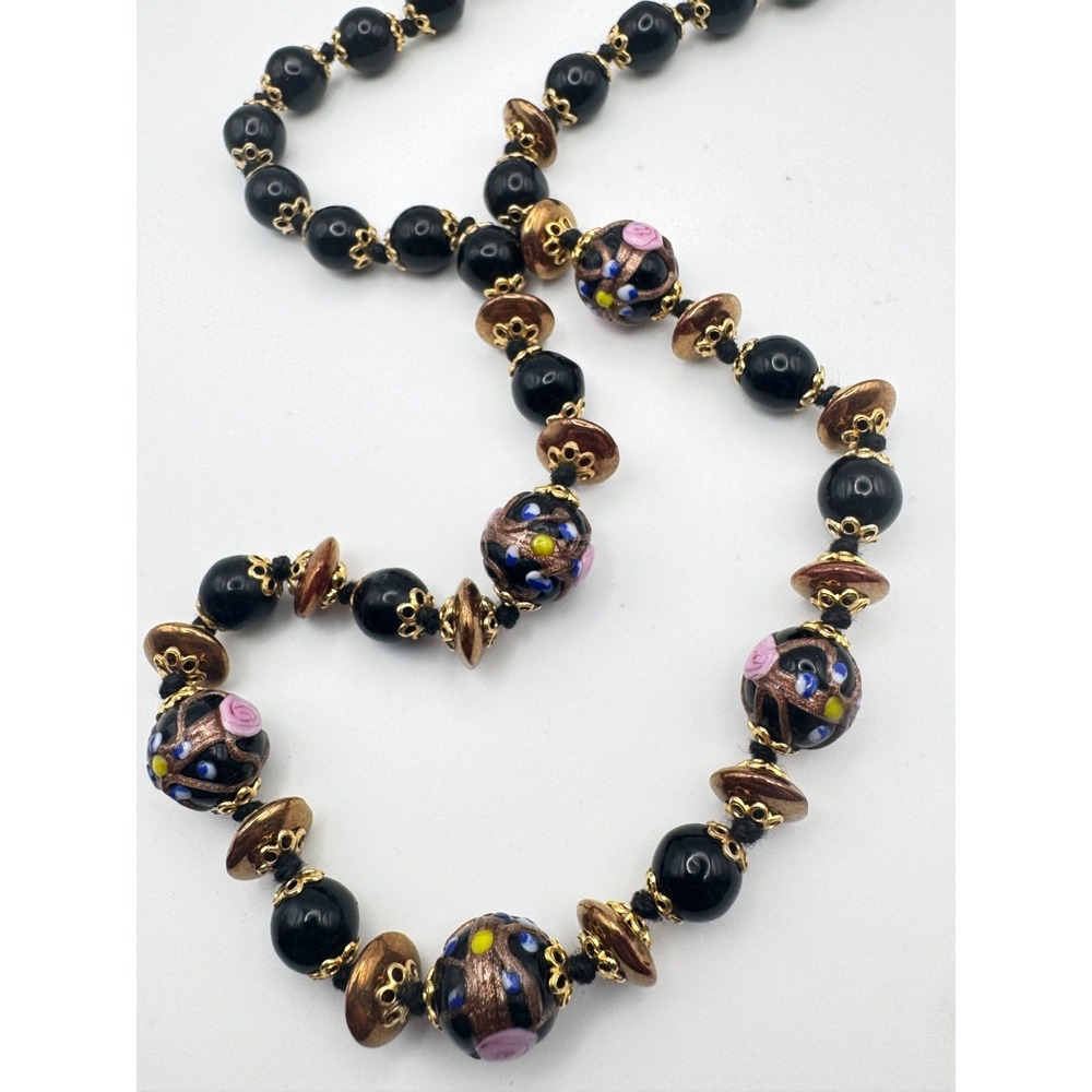 Vintage Wedding Cake Bead Necklace Venetian Murano Black & Copper Fiorato 18"